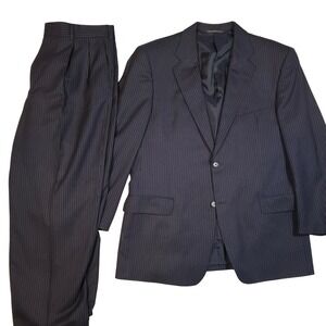 Coppley Mens Navy Pinstripe Wool Suit Scabal Fabric 42S 2 Button Made in Canada